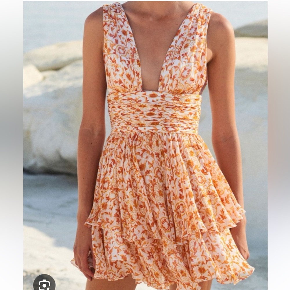NWT Caroline Constas Paros ruffle mini dress in orange and gold
